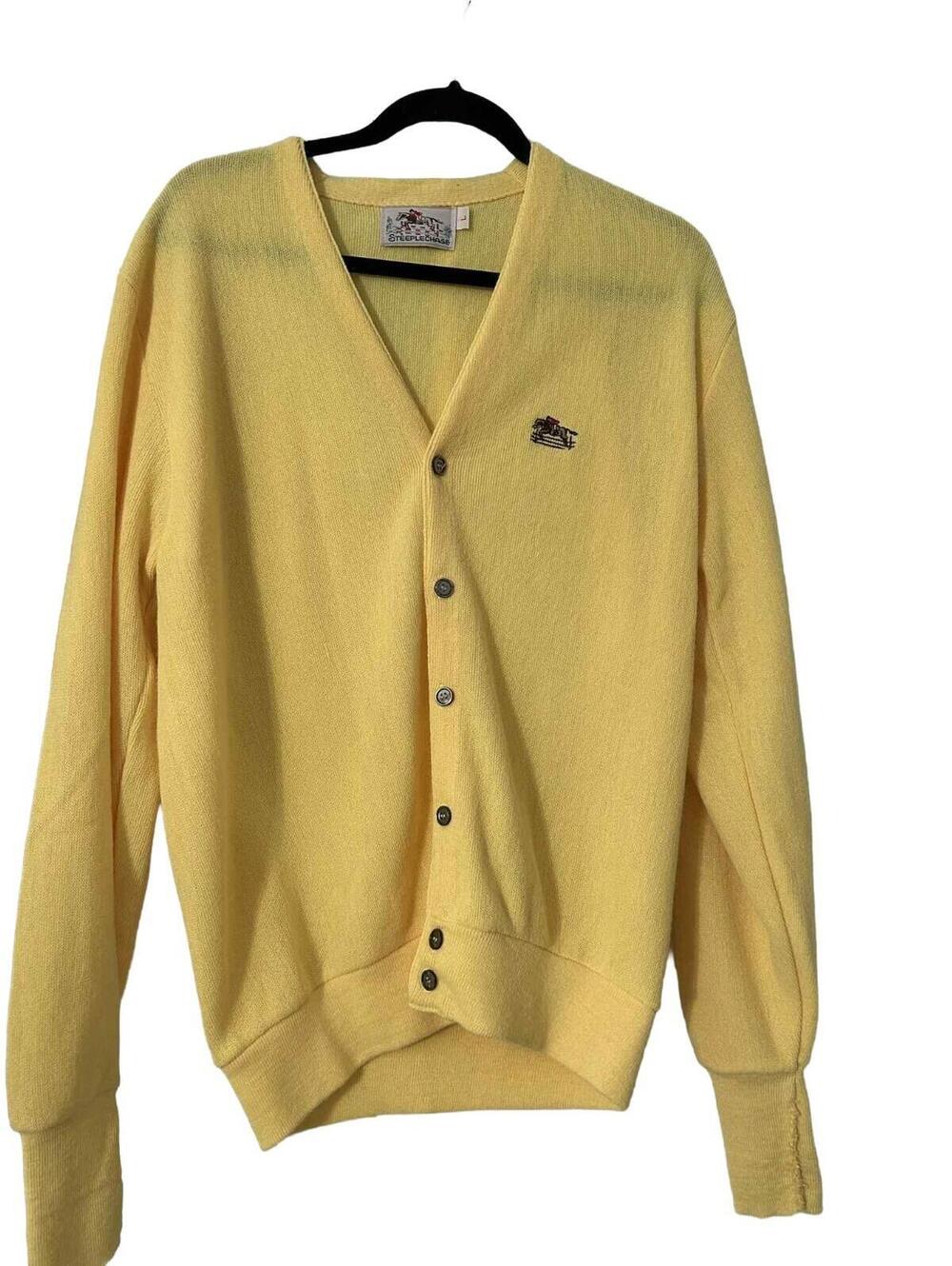 Vintage Yellow Steeplechase Knit Cardigan Sweater Mens Sz L  Horse Embroidered